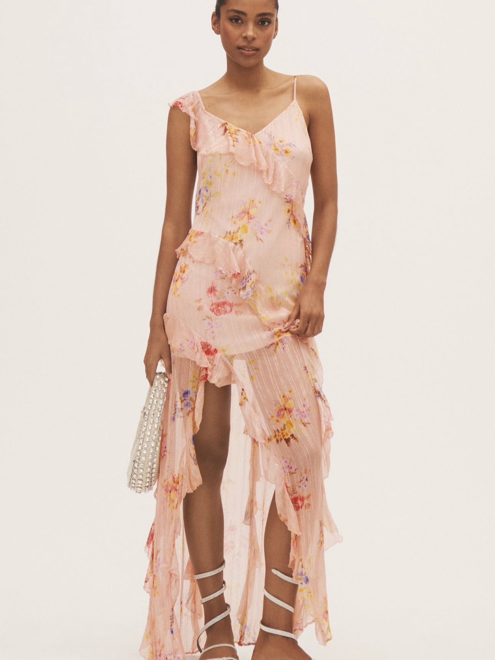 NWT BHLDN Rae ruffle printed asymmetrical chiffon maxi dress sz XS